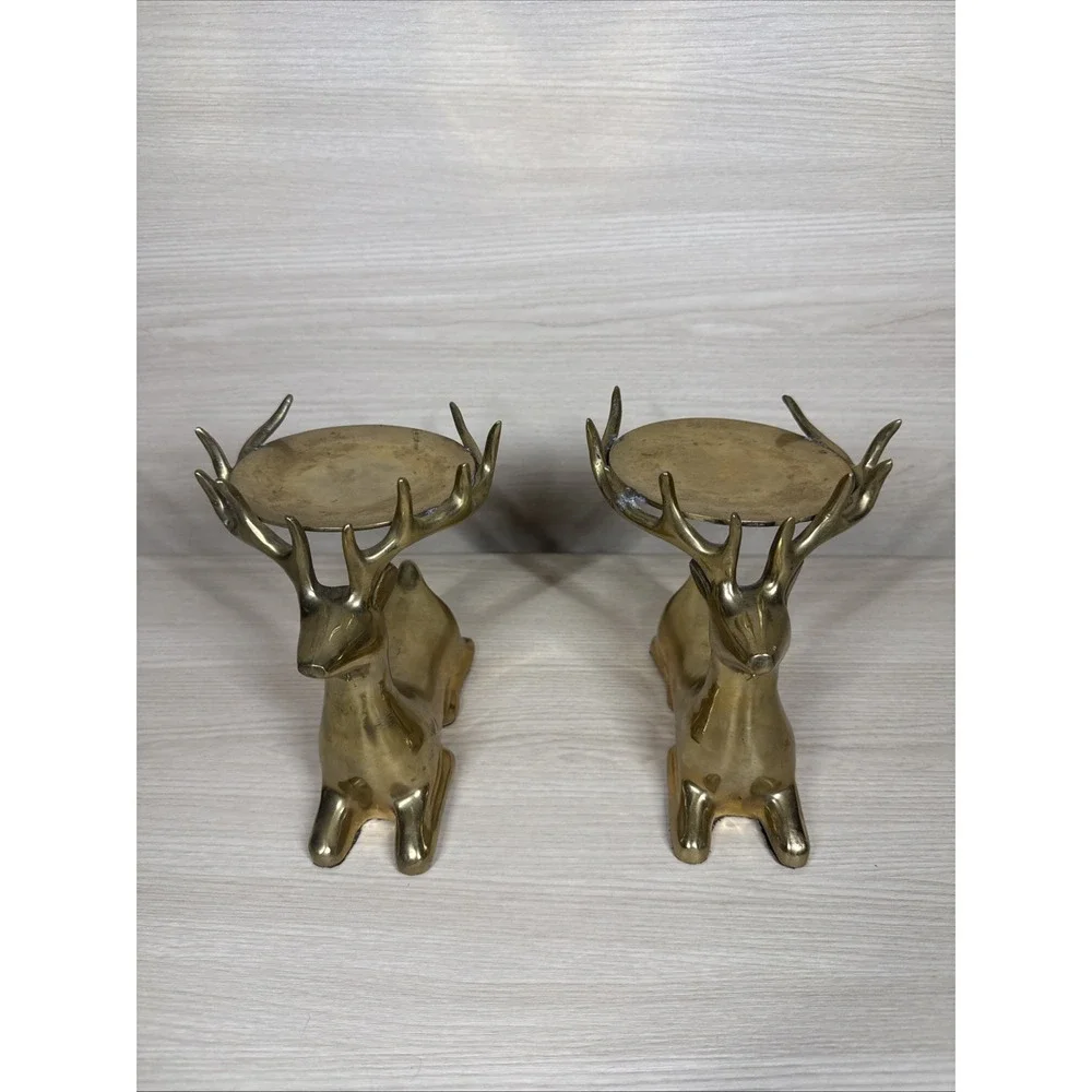 Vintage Brass Reindeer Column Pillar Candle Holders Set 2 Beautiful Heavy Glossy